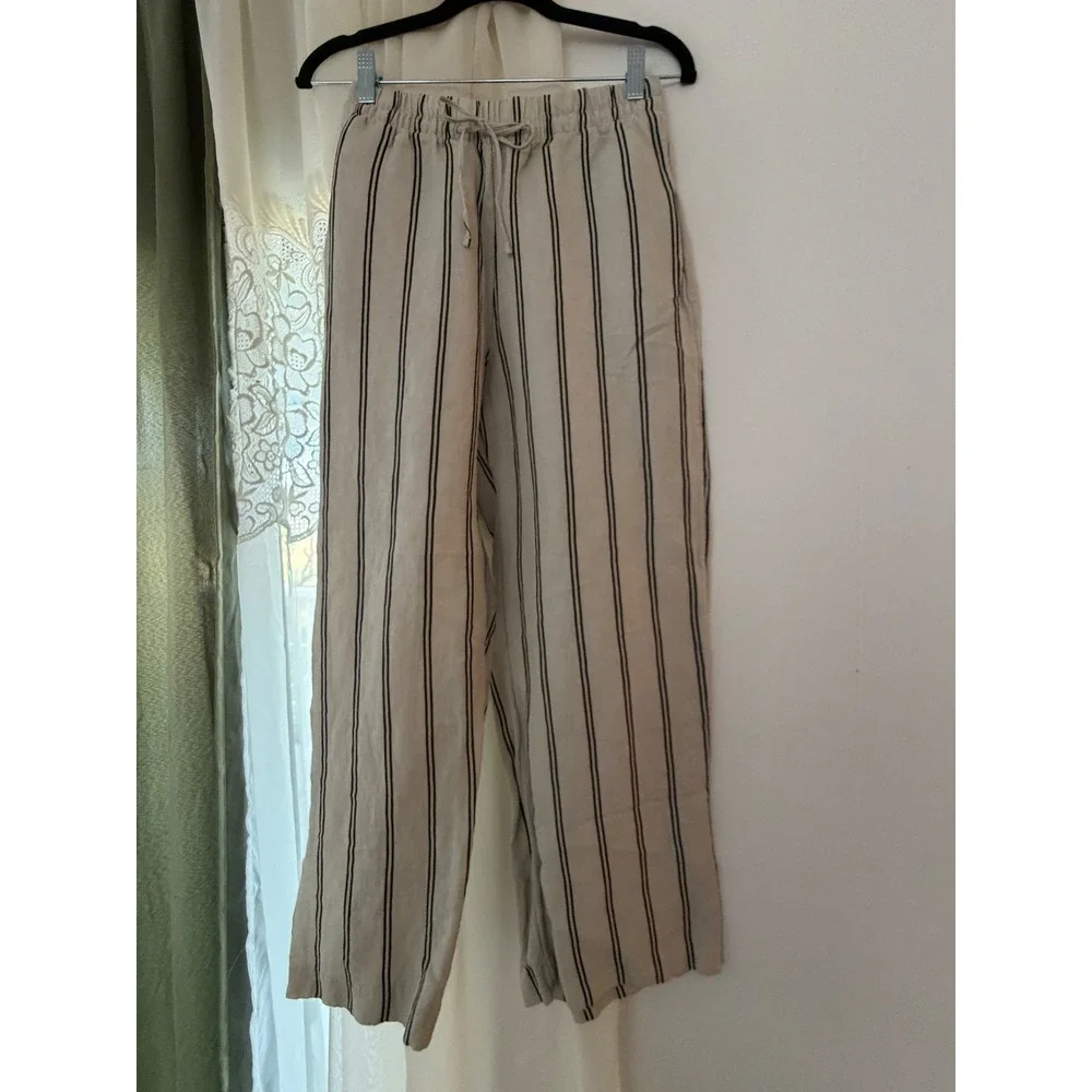LINEN H&M Striped Wide Leg Pants Womens XS Linen Blend Nautical Beach Pull On